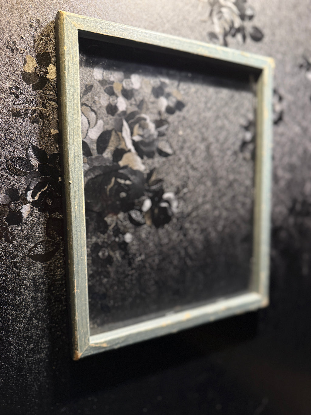 1930s–1940s Hand-Painted Cottage Frame in Weathered Blue-Green Patina