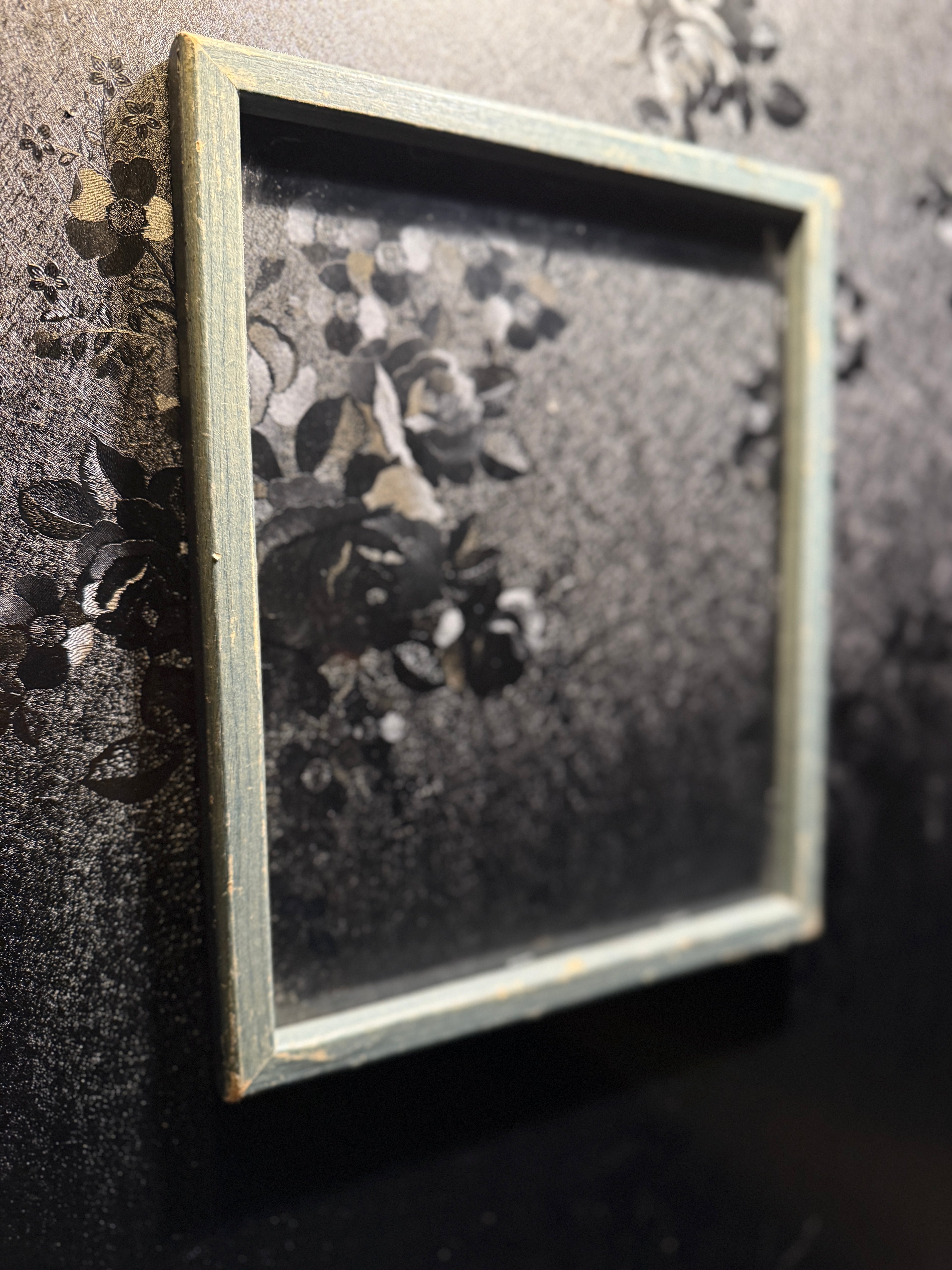 1930s–1940s Hand-Painted Cottage Frame in Weathered Blue-Green Patina