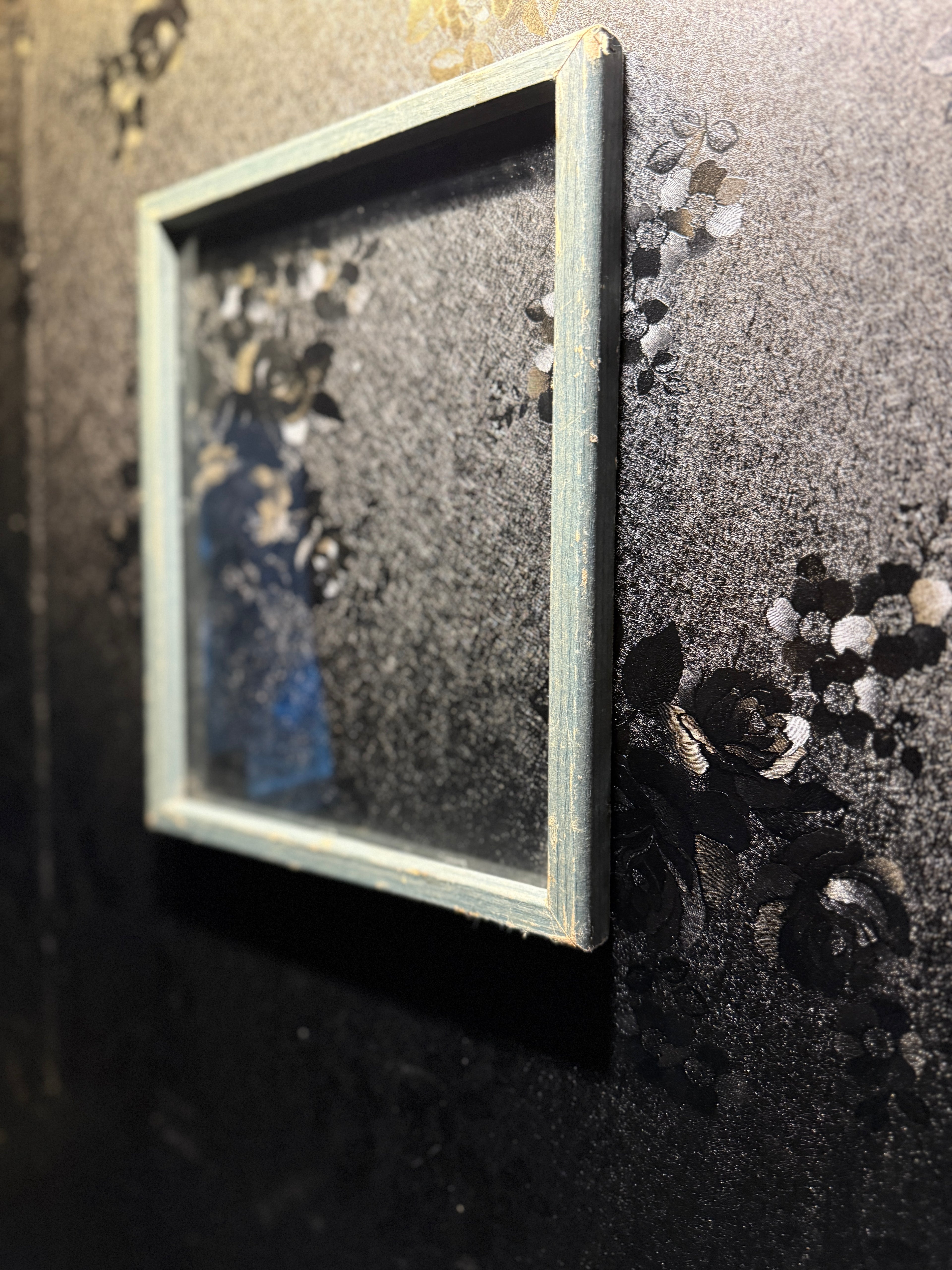 1930s–1940s Hand-Painted Cottage Frame in Weathered Blue-Green Patina