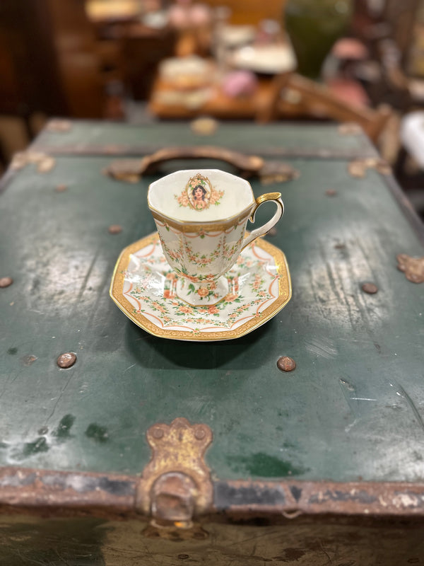 Avon Honor Society Award Cup and Saucer, Octagonal Porcelain with Peach Rose Garlands and Acid-Etched Gold, Dated 1994