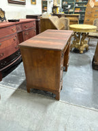 Colonial Revival Kneehole Desk, Seven Drawers with Batwing Brasses and Bracket Feet, Refinished by Walter Hinchman in Sedona Red, Antique Walnut and Mahogany, c. 1940–1955