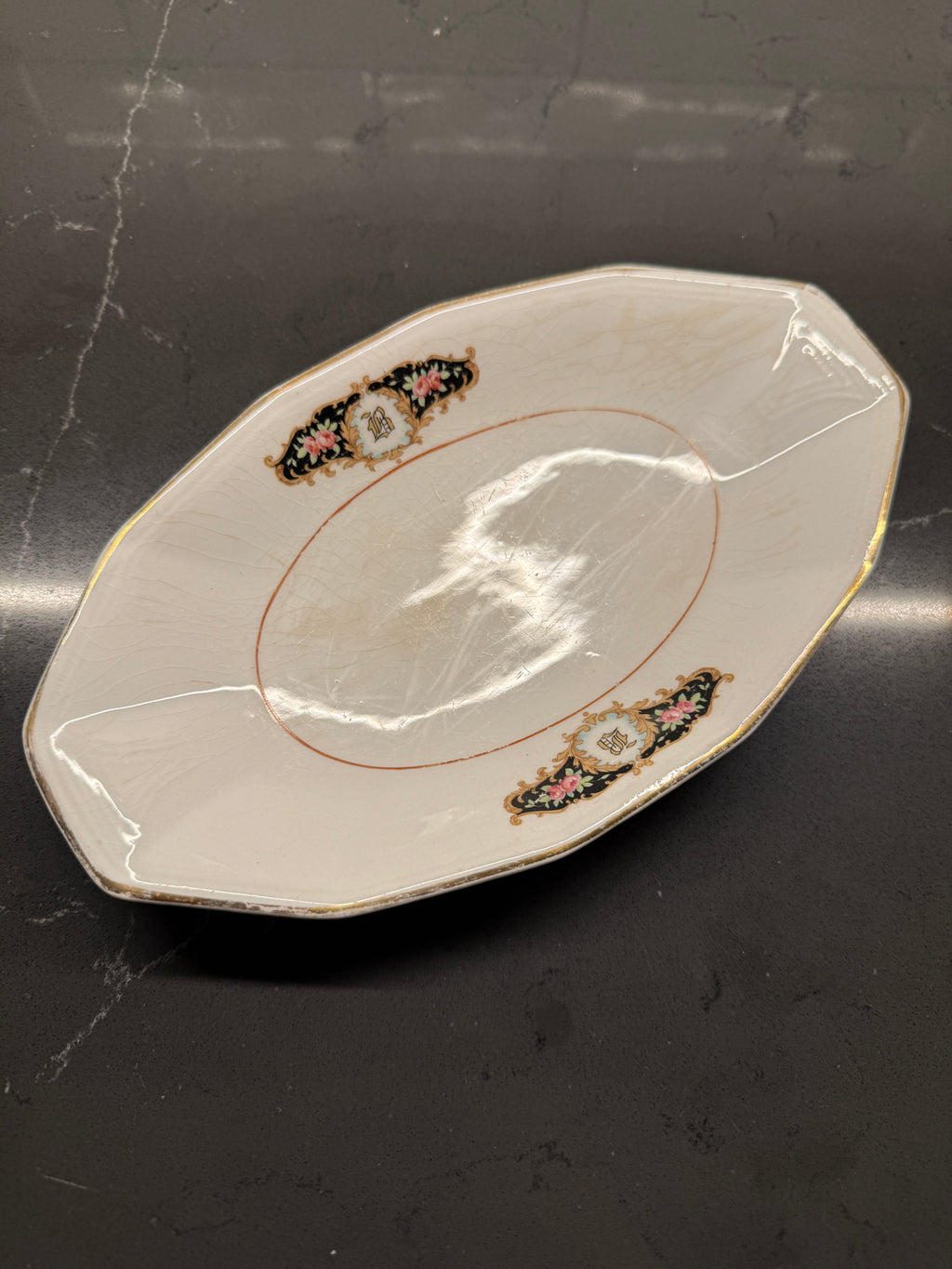 Antique E.P. Co. Sebring Dish (1915–1925) – Octagonal Ironstone with Floral Cartouches