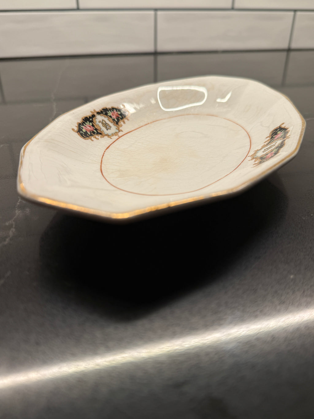 Antique E.P. Co. Sebring Dish (1915–1925) – Octagonal Ironstone with Floral Cartouches