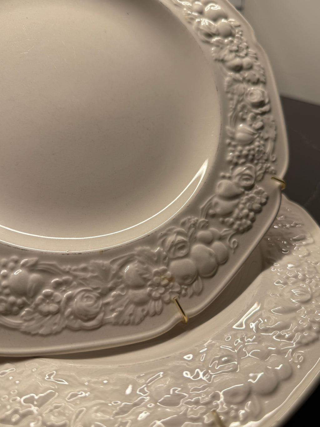 Crown Ducal Florentine Plate – Antique Embossed Creamware (1930s–40s, England, Set Of 2)