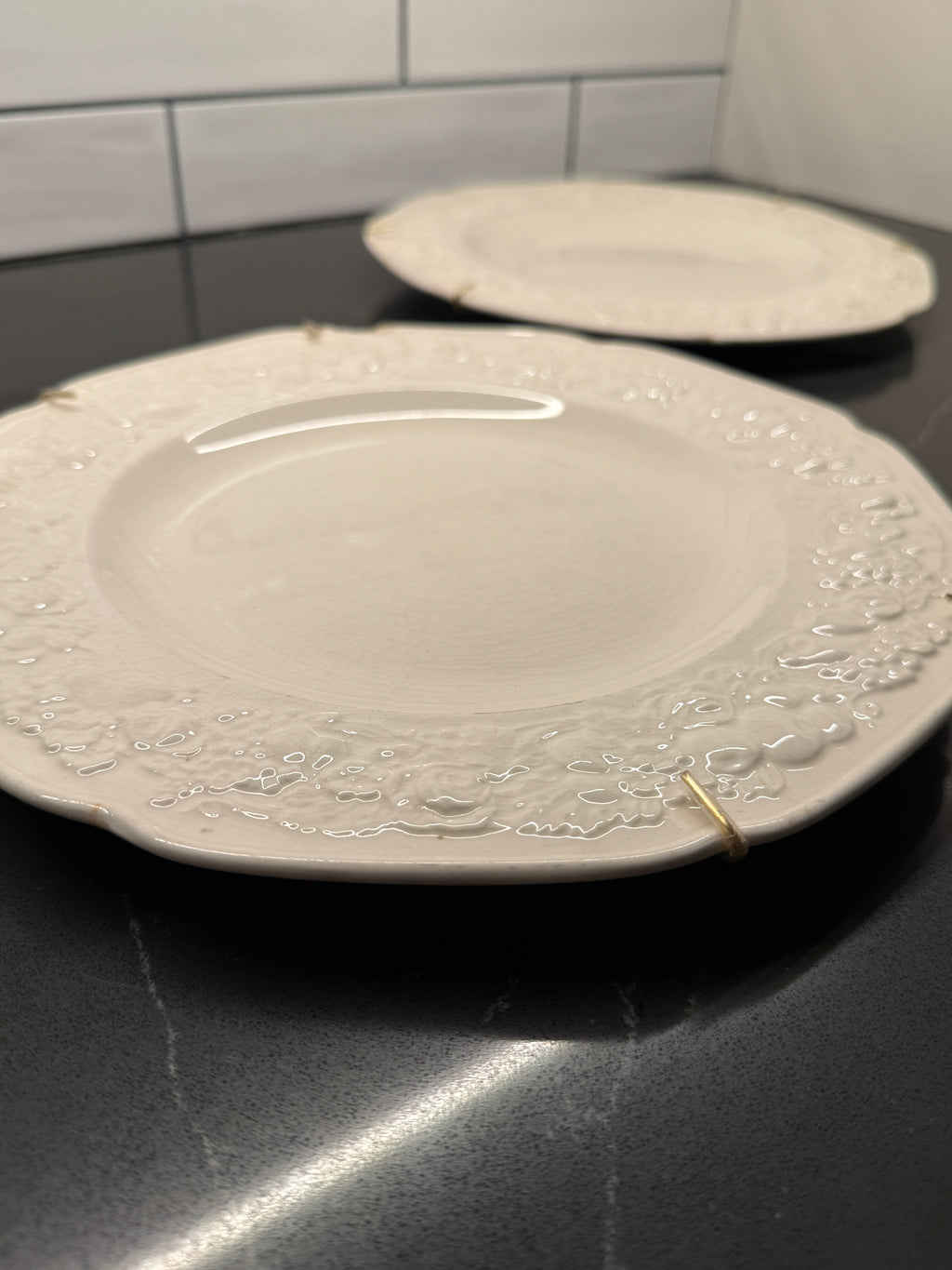 Crown Ducal Florentine Plate – Antique Embossed Creamware (1930s–40s, England, Set Of 2)