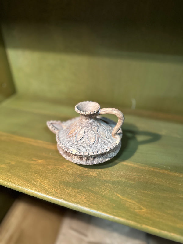 Terracotta Chamberstick in the Form of a Classical Oil Lamp, Incised Lancet Decoration with Lime-Washed Ground, c. 1920–1939