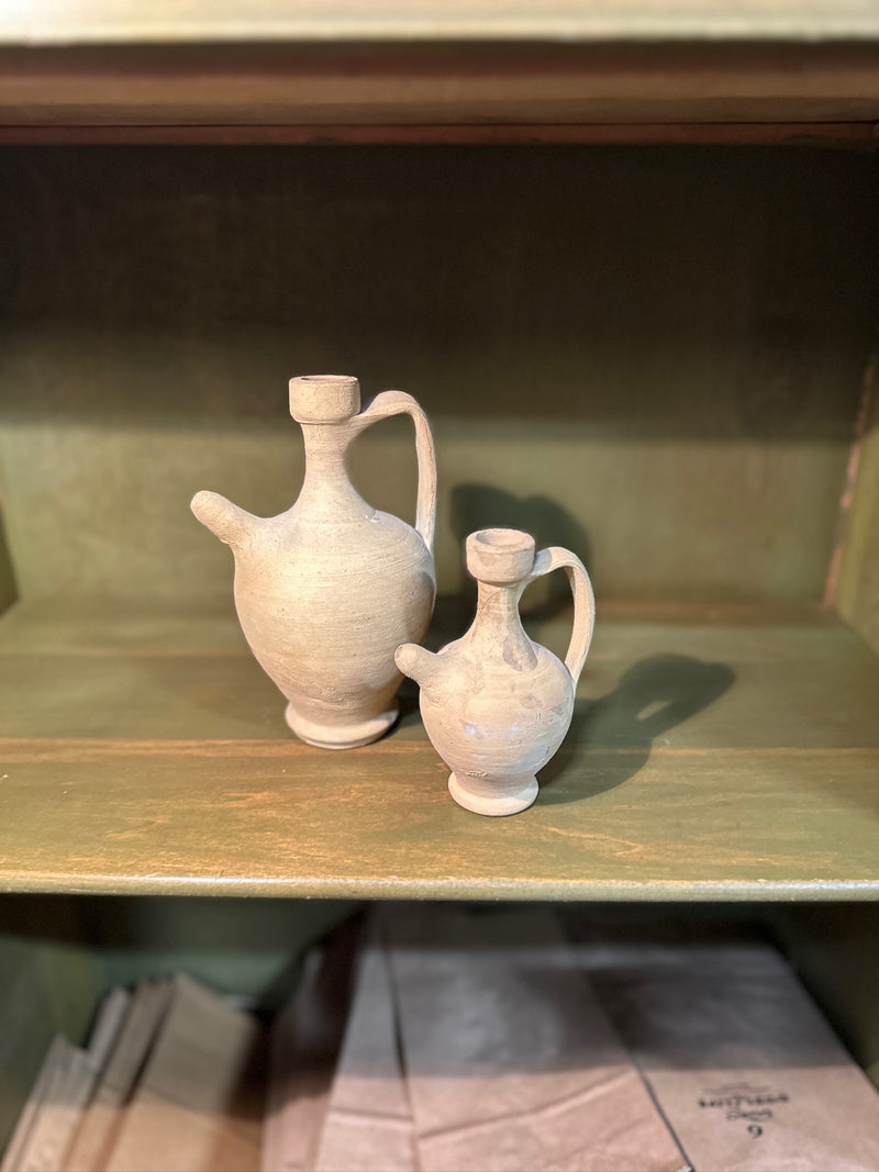 Pair of Unglazed Terracotta Side-Spouted Ewers, Graduated, Wheel-Thrown with Strap Handles and Collared Mouths, c. 1920–1939