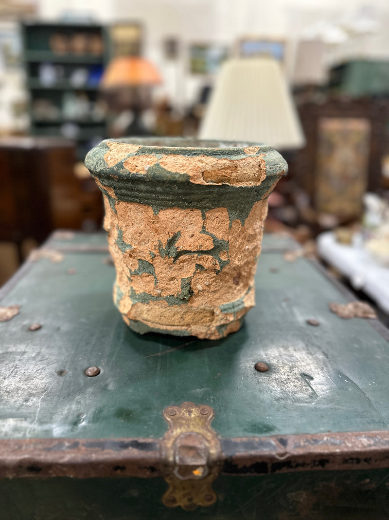 Hand-Thrown Terracotta Cachepot in Weathered Green Paint, Turned Collar with Tooled Groove, Coarse Grogged Body, c. 1900–1925
