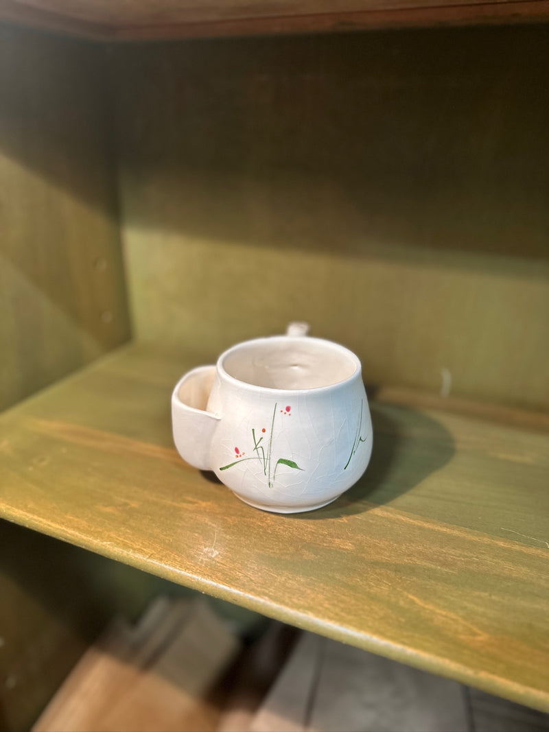 Studio Pottery Mug with Applied Tea-Bag Pocket, Crackle White Glaze and Hand-Painted Orchid Sprays, Wheel-Thrown and Altered