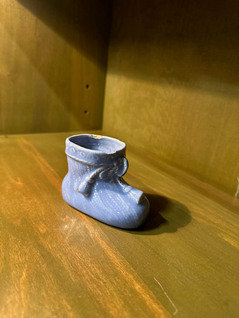 Blue Satin-Glazed Pottery Baby Bootie Vase, Moulded Knit with Tasselled Cord and Beaded Cuff, Inscribed “From Otto 1935” to the Base, 1935