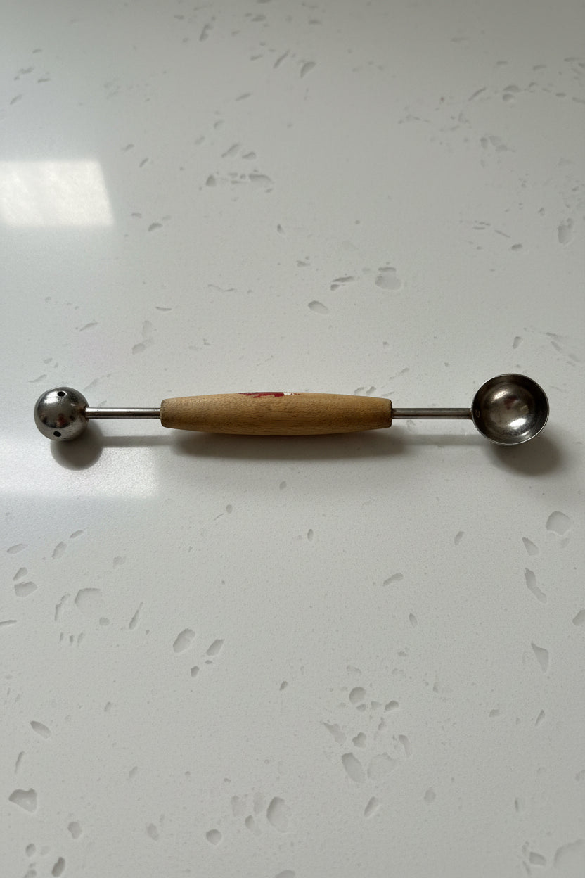 Vintage Double-Ended Melon Baller, Stainless Bowls, Turned Wood Handle, American, c. 1950–1970