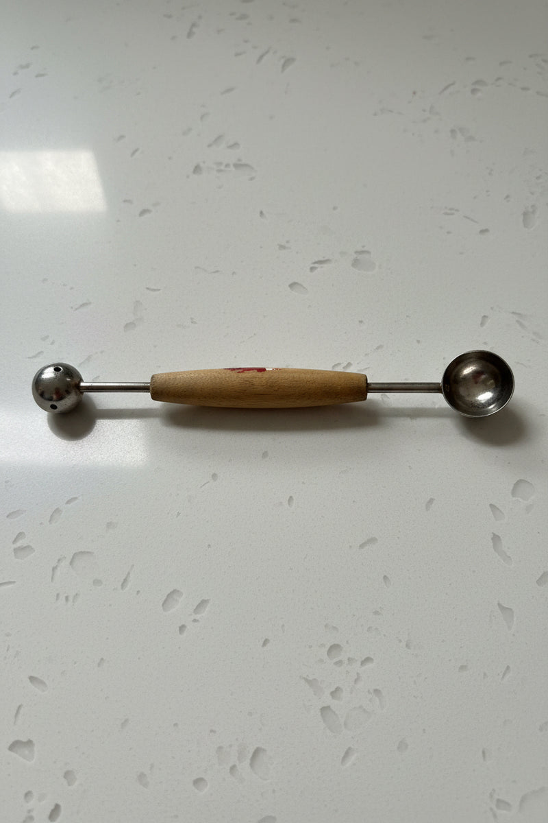 Vintage Double-Ended Melon Baller, Stainless Bowls, Turned Wood Handle, American, c. 1950–1970