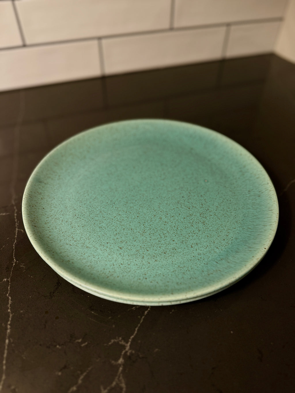 Mid-Century Laurel of California Turquoise Speckle Plates – Pair of Vintage 1950s Stoneware Dinner Plates