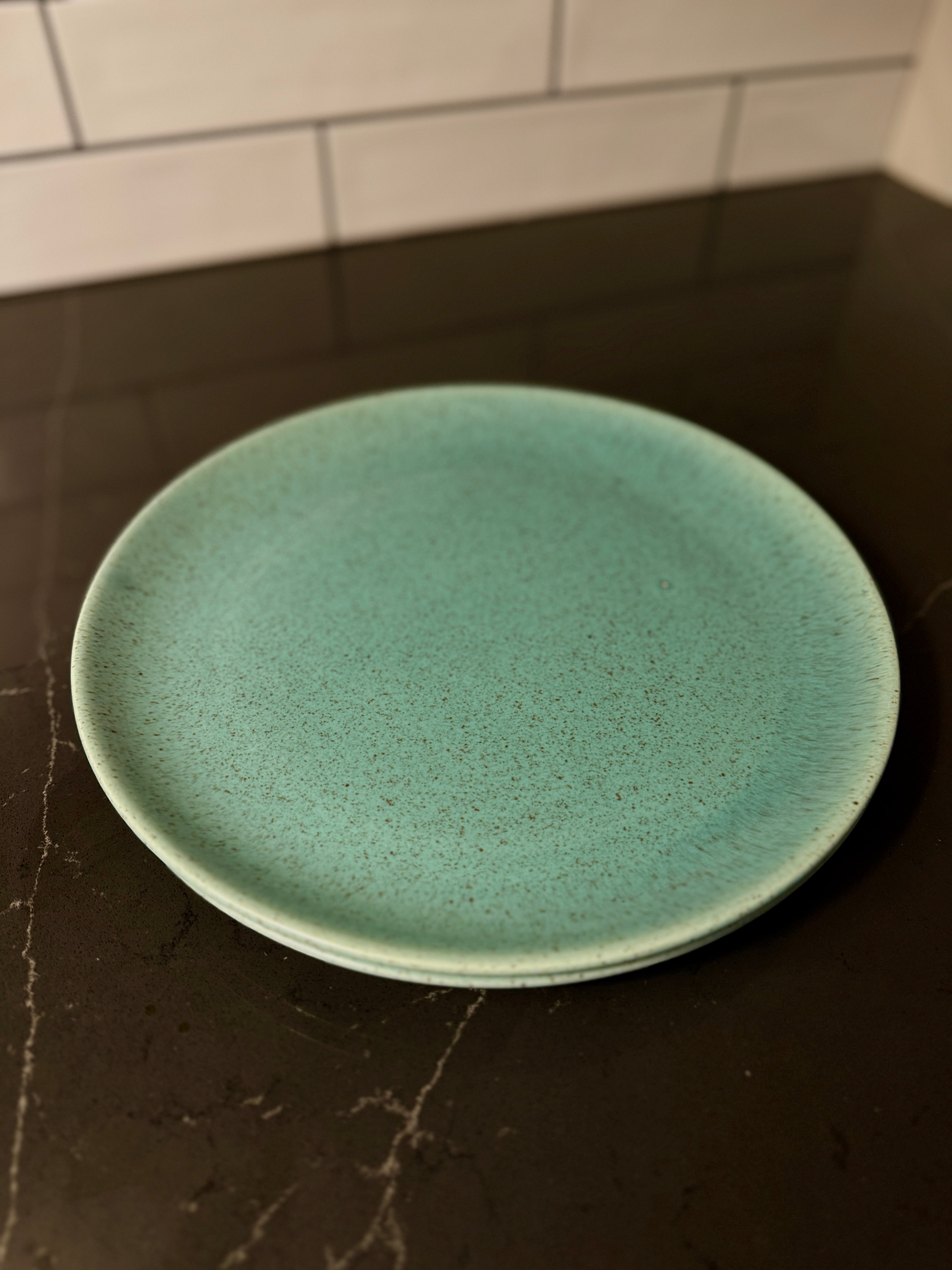 Mid-Century Laurel of California Turquoise Speckle Plates – Pair of Vintage 1950s Stoneware Dinner Plates