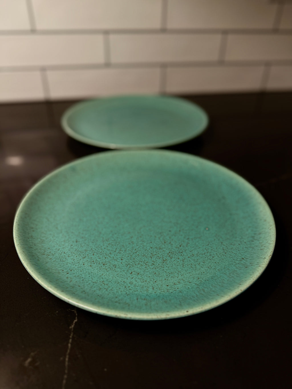 Mid-Century Laurel of California Turquoise Speckle Plates – Pair of Vintage 1950s Stoneware Dinner Plates