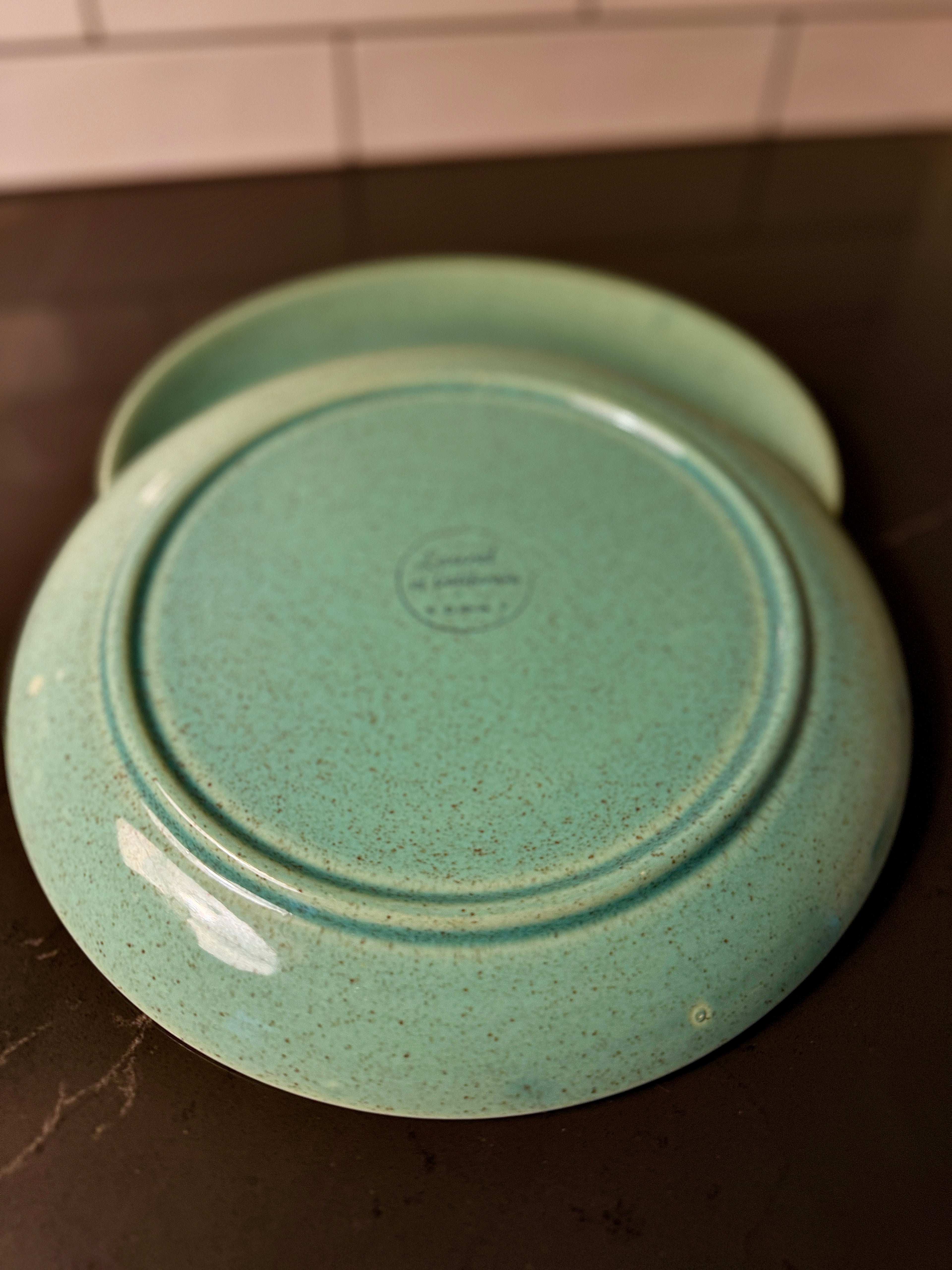 Mid-Century Laurel of California Turquoise Speckle Plates – Pair of Vintage 1950s Stoneware Dinner Plates