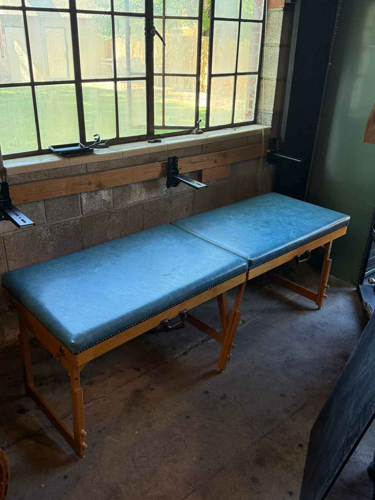 Vintage Two-Section Folding Treatment Table, Slate Blue Upholstery with Nailhead Trim, Adjustable Maple Base, American, c. 1955–1975