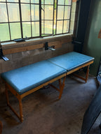 Vintage Two-Section Folding Treatment Table, Slate Blue Upholstery with Nailhead Trim, Adjustable Maple Base, American, c. 1955–1975