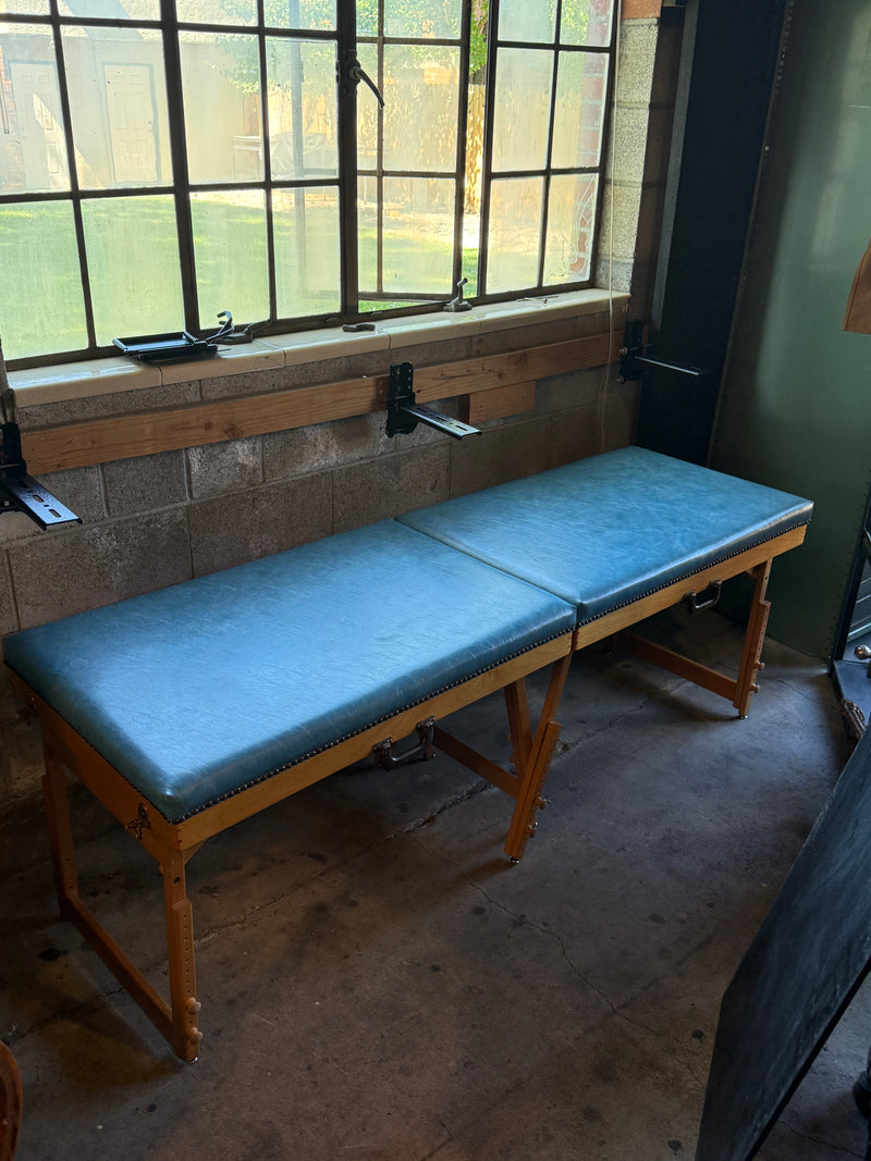 Vintage Two-Section Folding Treatment Table, Slate Blue Upholstery with Nailhead Trim, Adjustable Maple Base, American, c. 1955–1975