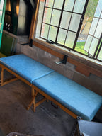 Vintage Two-Section Folding Treatment Table, Slate Blue Upholstery with Nailhead Trim, Adjustable Maple Base, American, c. 1955–1975