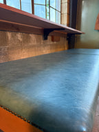 Vintage Two-Section Folding Treatment Table, Slate Blue Upholstery with Nailhead Trim, Adjustable Maple Base, American, c. 1955–1975