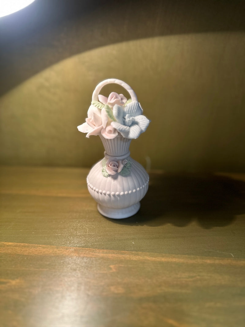 Bisque Porcelain Perfume Bottle with Applied Flowers, Basket-Form Stopper Massed with Roses and an Orchid, Separate Shell-Finial Dauber, Three Parts Complete