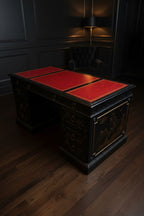 Sligh-Lowry Chinoiserie Kneehole Desk, Ebonized with Tooled Red Leather, Hand-Painted Panels, c. 1945–1960