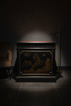 Sligh-Lowry Chinoiserie Kneehole Desk, Ebonized with Tooled Red Leather, Hand-Painted Panels, c. 1945–1960