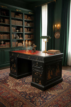 Sligh-Lowry Chinoiserie Kneehole Desk, Ebonized with Tooled Red Leather, Hand-Painted Panels, c. 1945–1960