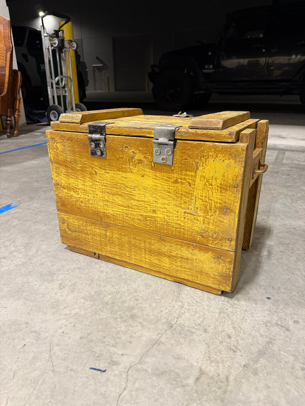 Military-Pattern Ordnance Crate in Old Yellow Paint and Pecan Stain Mid-20th Century Storage Trunk