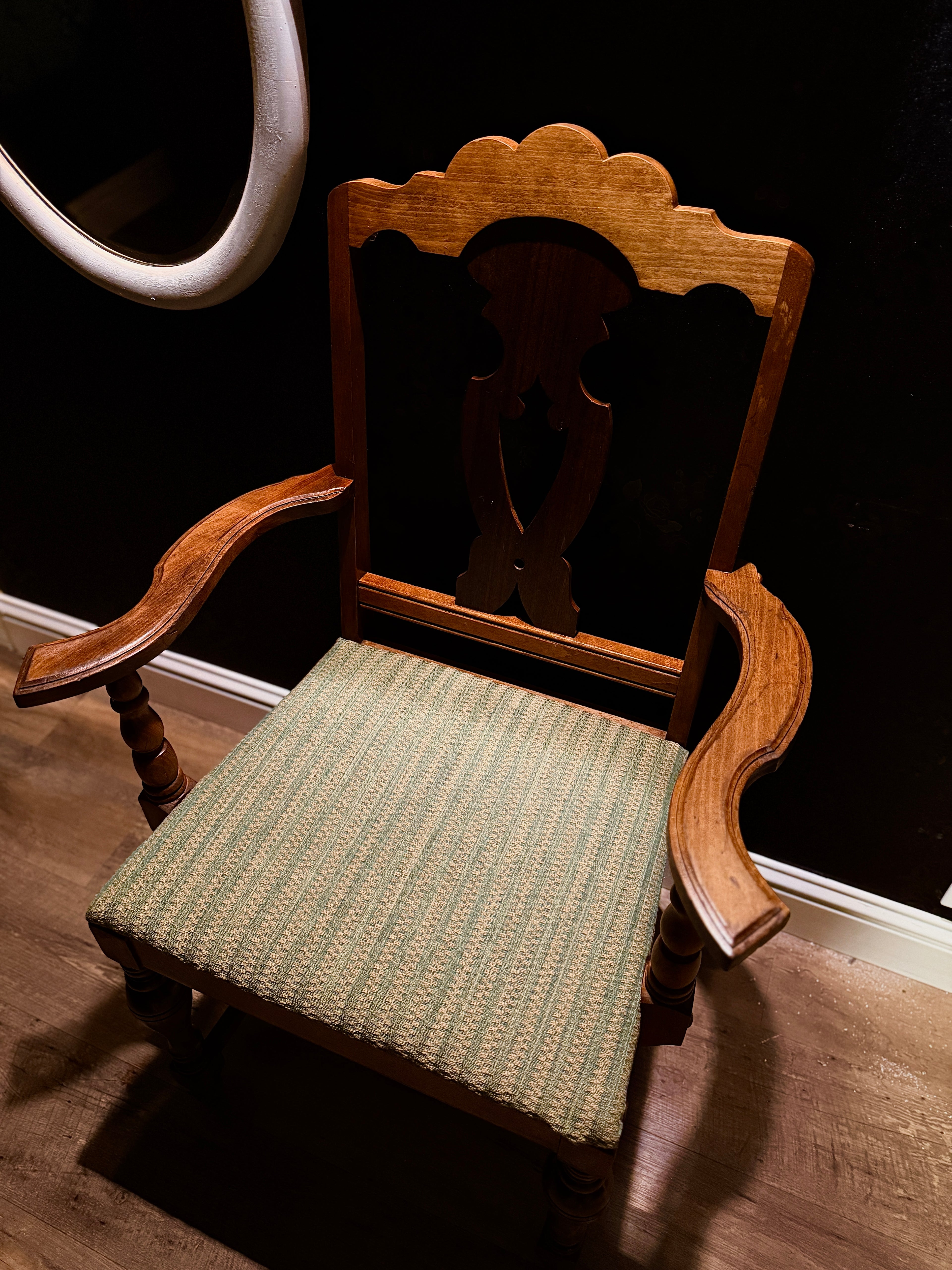 Early 20th-Century Colonial Revival Armchair – (c 1915-1935), Restored Hardwood Frame with New Sage Upholstery