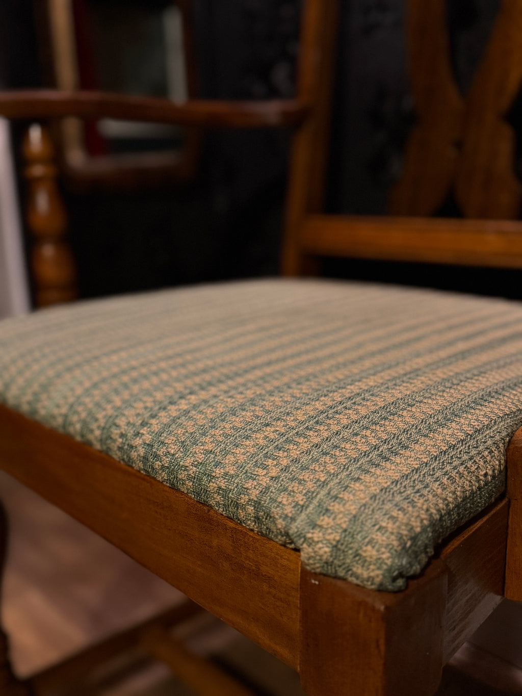 Early 20th-Century Colonial Revival Armchair – (c 1915-1935), Restored Hardwood Frame with New Sage Upholstery