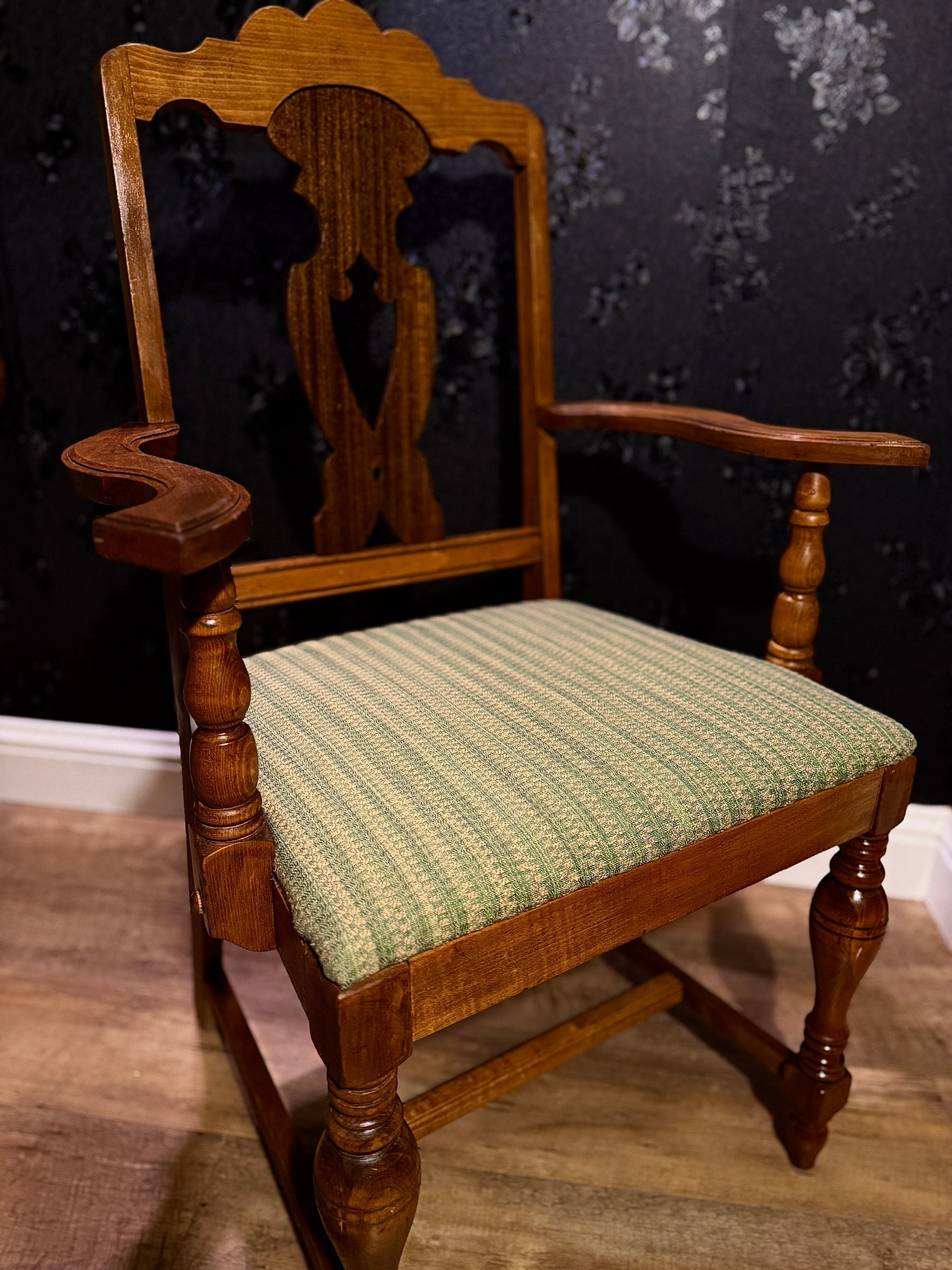 Early 20th-Century Colonial Revival Armchair – (c 1915-1935), Restored Hardwood Frame with New Sage Upholstery