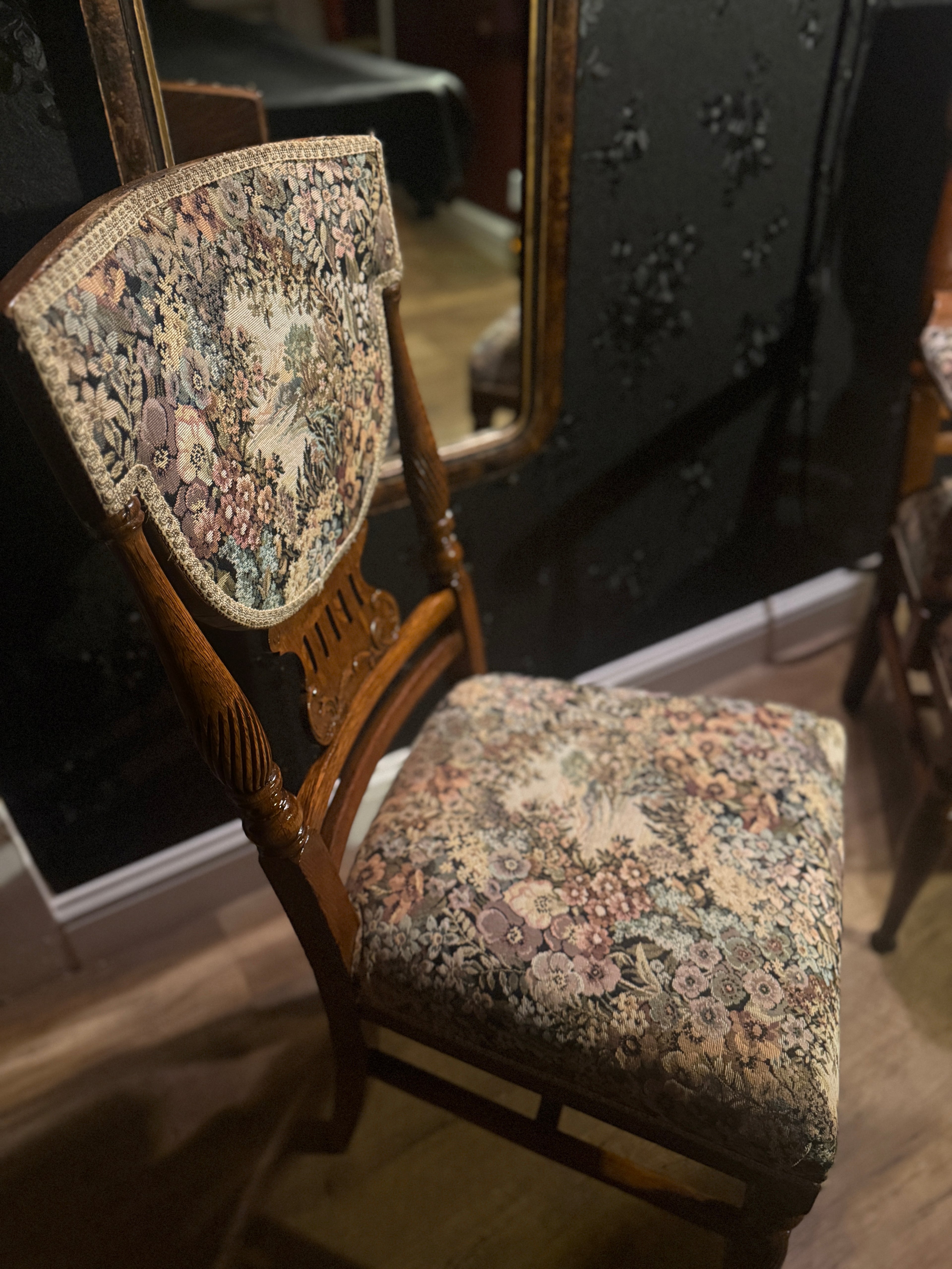 Pair of Late Victorian Revival Tapestry Armchairs (c. 1890-1910) – Carved Oak Frames with Floral Upholstery