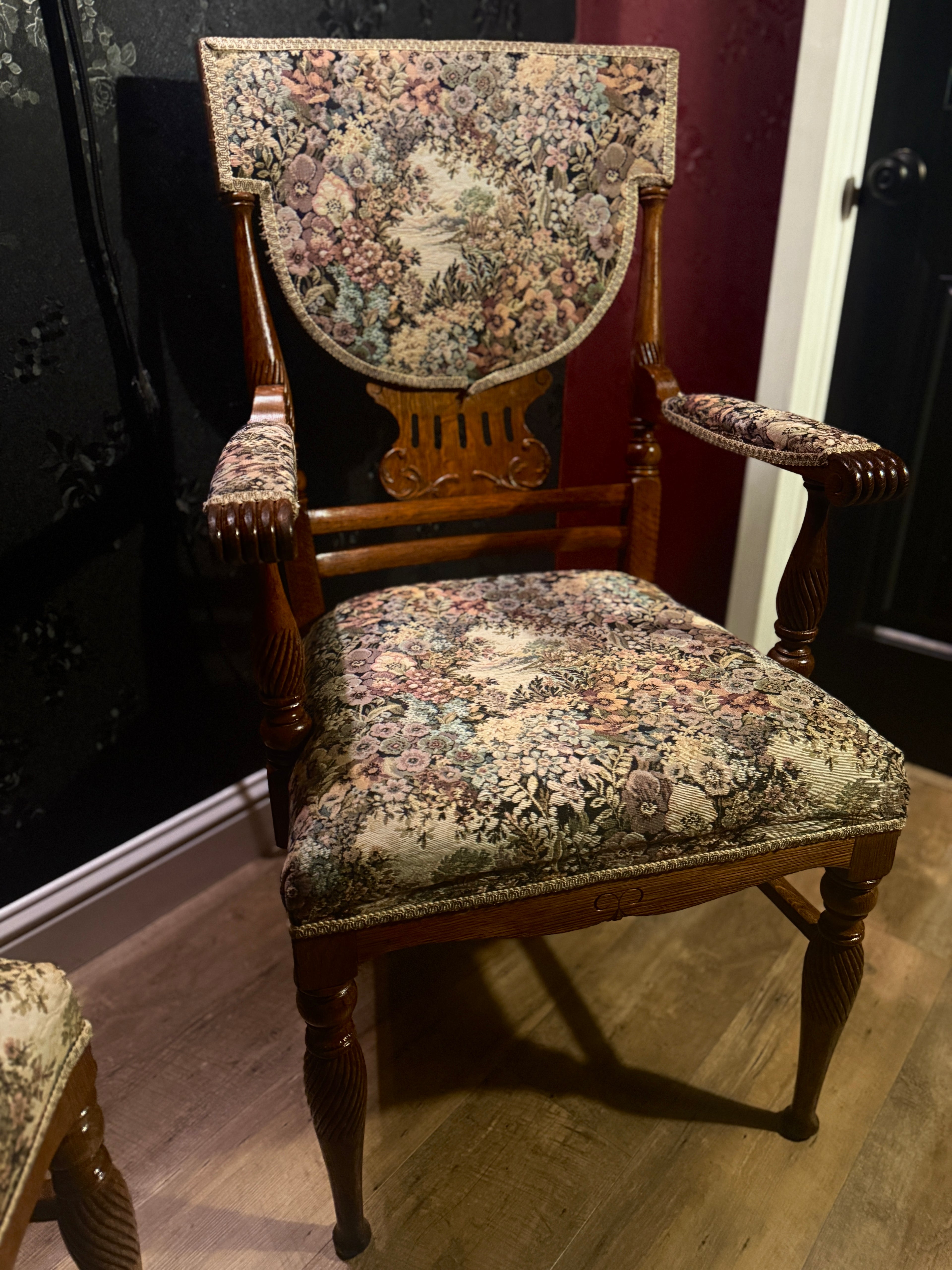 Pair of Late Victorian Revival Tapestry Armchairs (c. 1890-1910) – Carved Oak Frames with Floral Upholstery