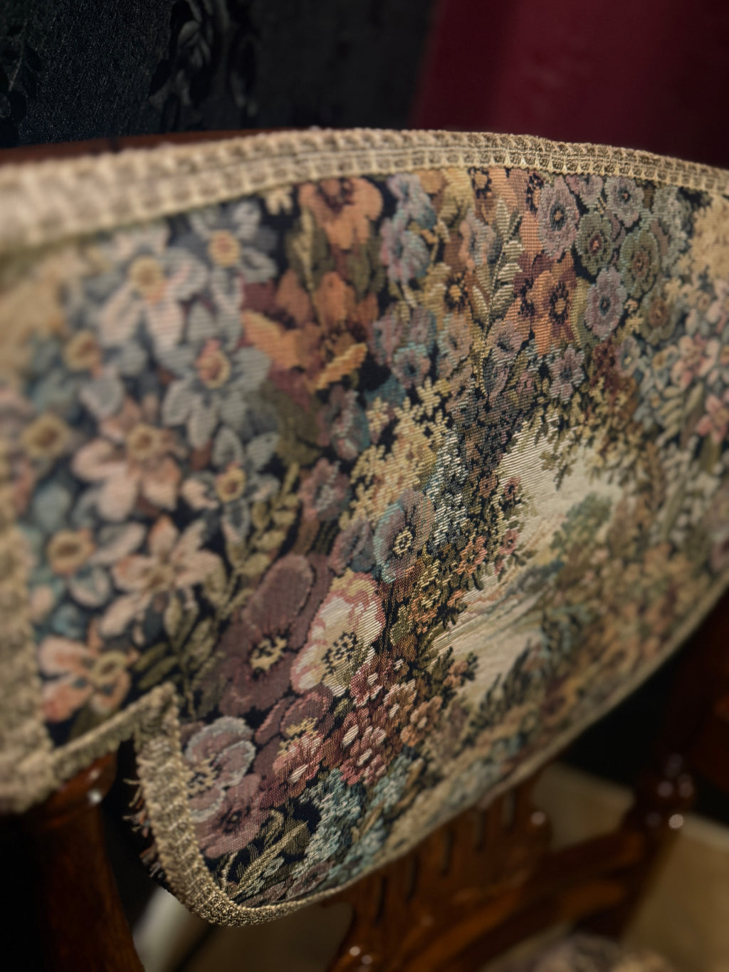 Pair of Late Victorian Revival Tapestry Armchairs (c. 1890-1910) – Carved Oak Frames with Floral Upholstery