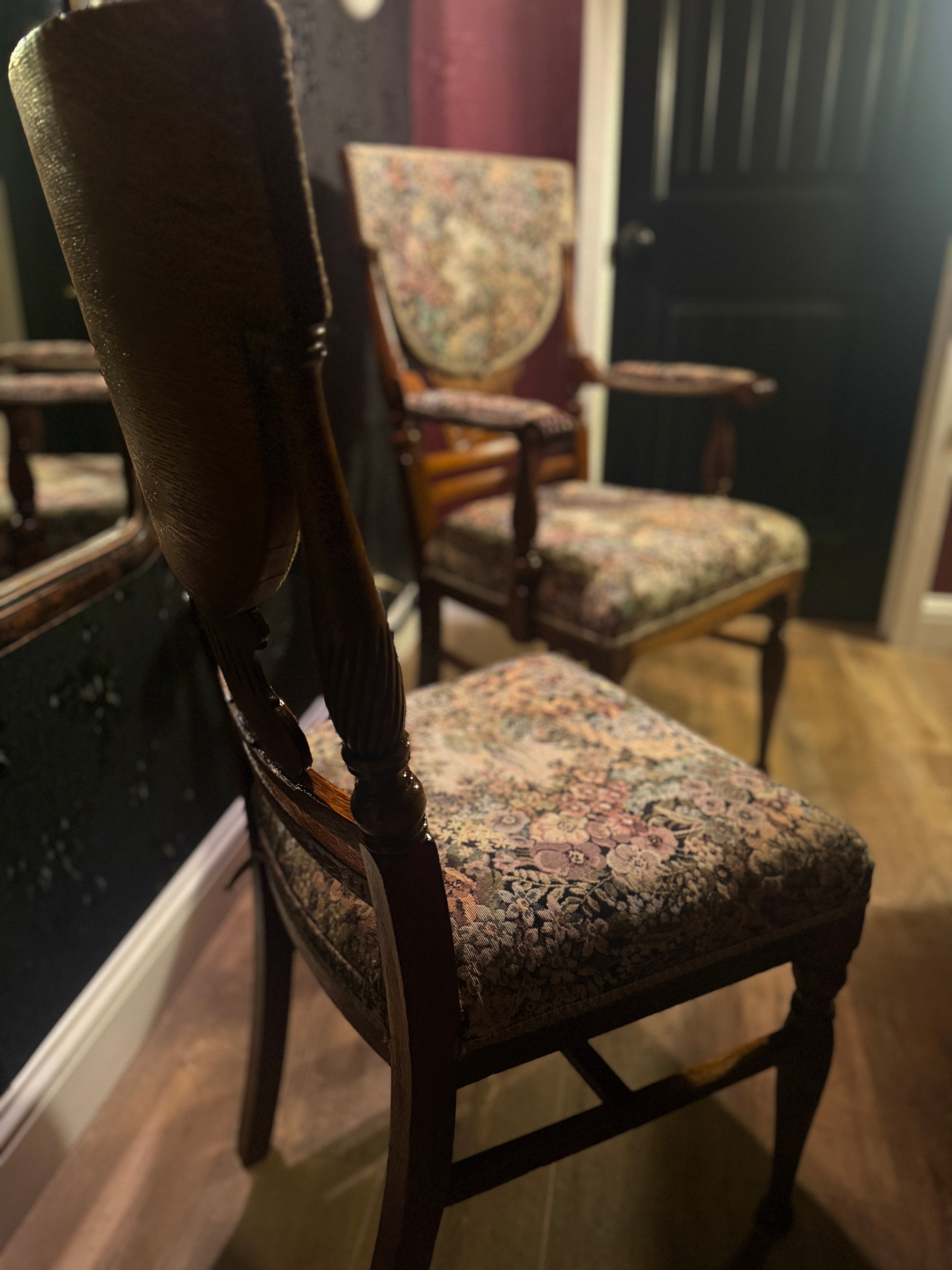 Pair of Late Victorian Revival Tapestry Armchairs (c. 1890-1910) – Carved Oak Frames with Floral Upholstery