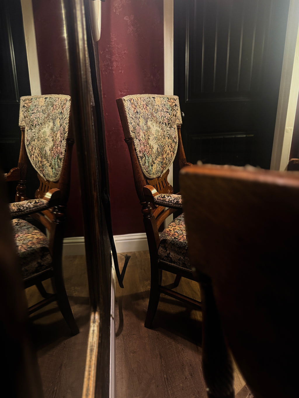 Pair of Late Victorian Revival Tapestry Armchairs (c. 1890-1910) – Carved Oak Frames with Floral Upholstery
