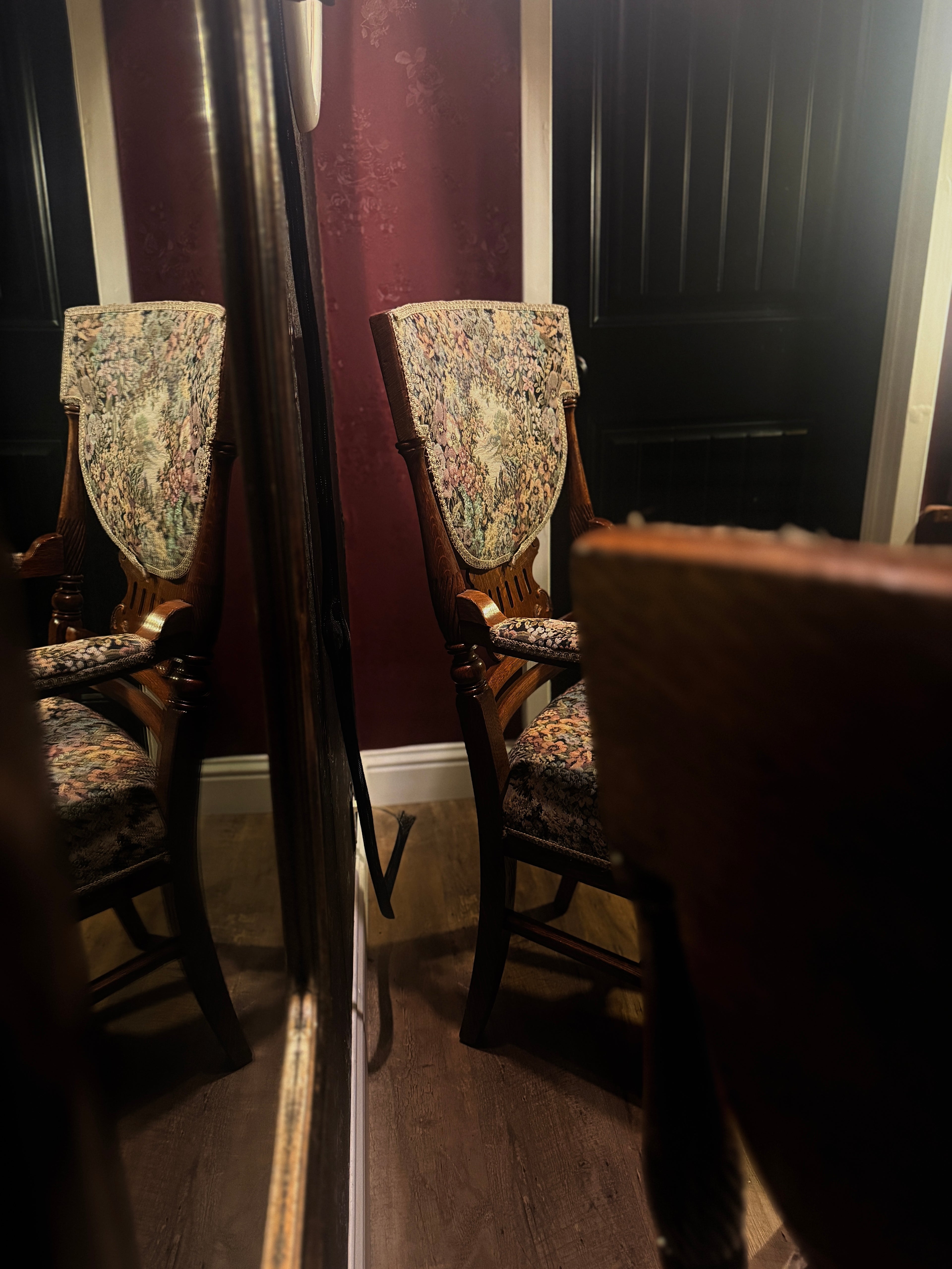 Pair of Late Victorian Revival Tapestry Armchairs (c. 1890-1910) – Carved Oak Frames with Floral Upholstery