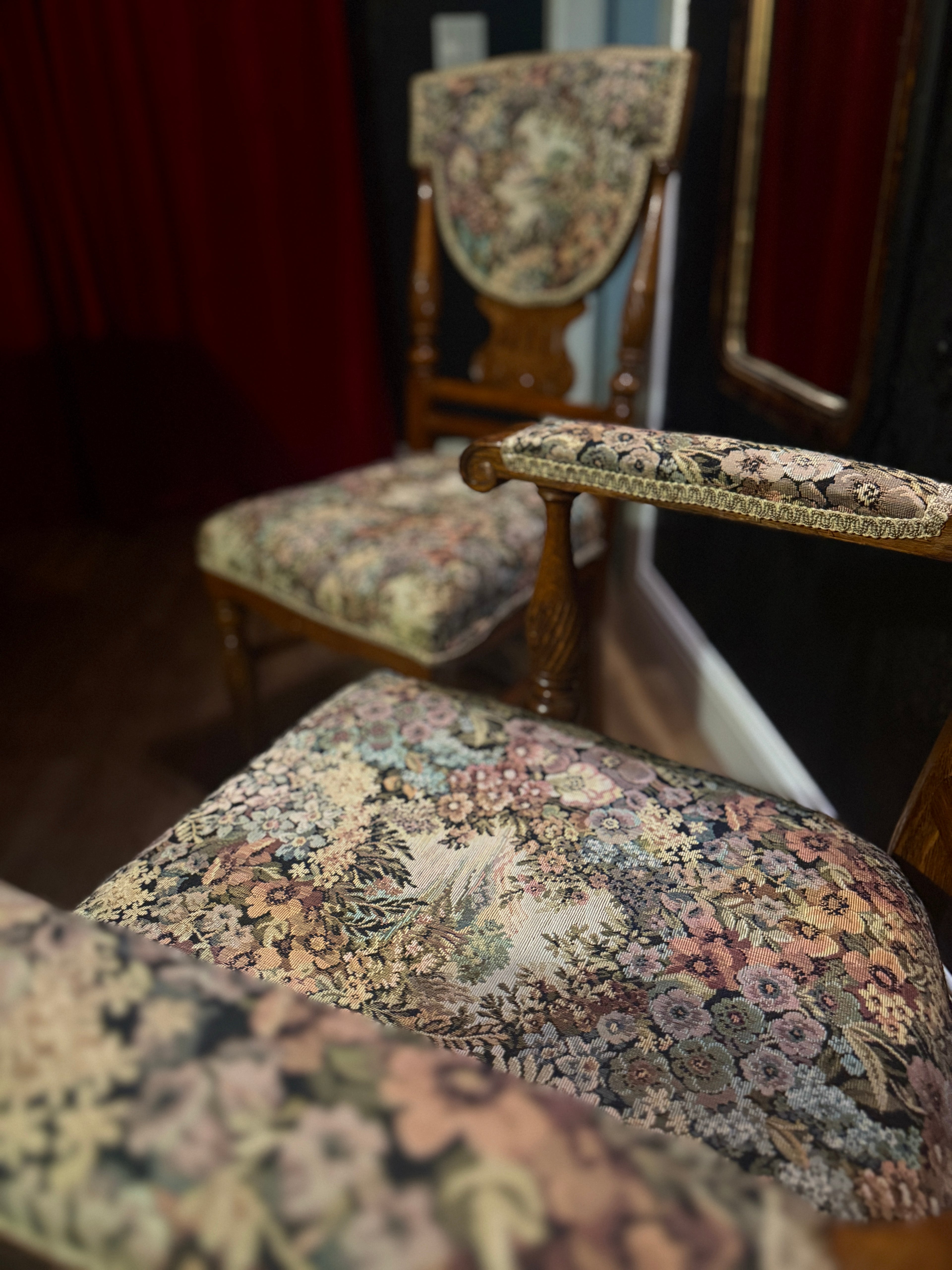 Pair of Late Victorian Revival Tapestry Armchairs (c. 1890-1910) – Carved Oak Frames with Floral Upholstery
