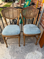 Pair of Mid-Century Cane-Back Side Chairs, Dusty-Blue Velvet Seats, c. 1950s–60s