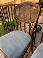 Pair of Mid-Century Cane-Back Side Chairs, Dusty-Blue Velvet Seats, c. 1950s–60s