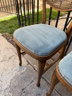 Pair of Mid-Century Cane-Back Side Chairs, Dusty-Blue Velvet Seats, c. 1950s–60s