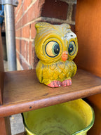 Vintage 1970s Owl Coin Bank, Big-Eyed Kitsch, Mustard &amp; Green, c. 1970s
