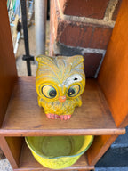 Vintage 1970s Owl Coin Bank, Big-Eyed Kitsch, Mustard &amp; Green, c. 1970s