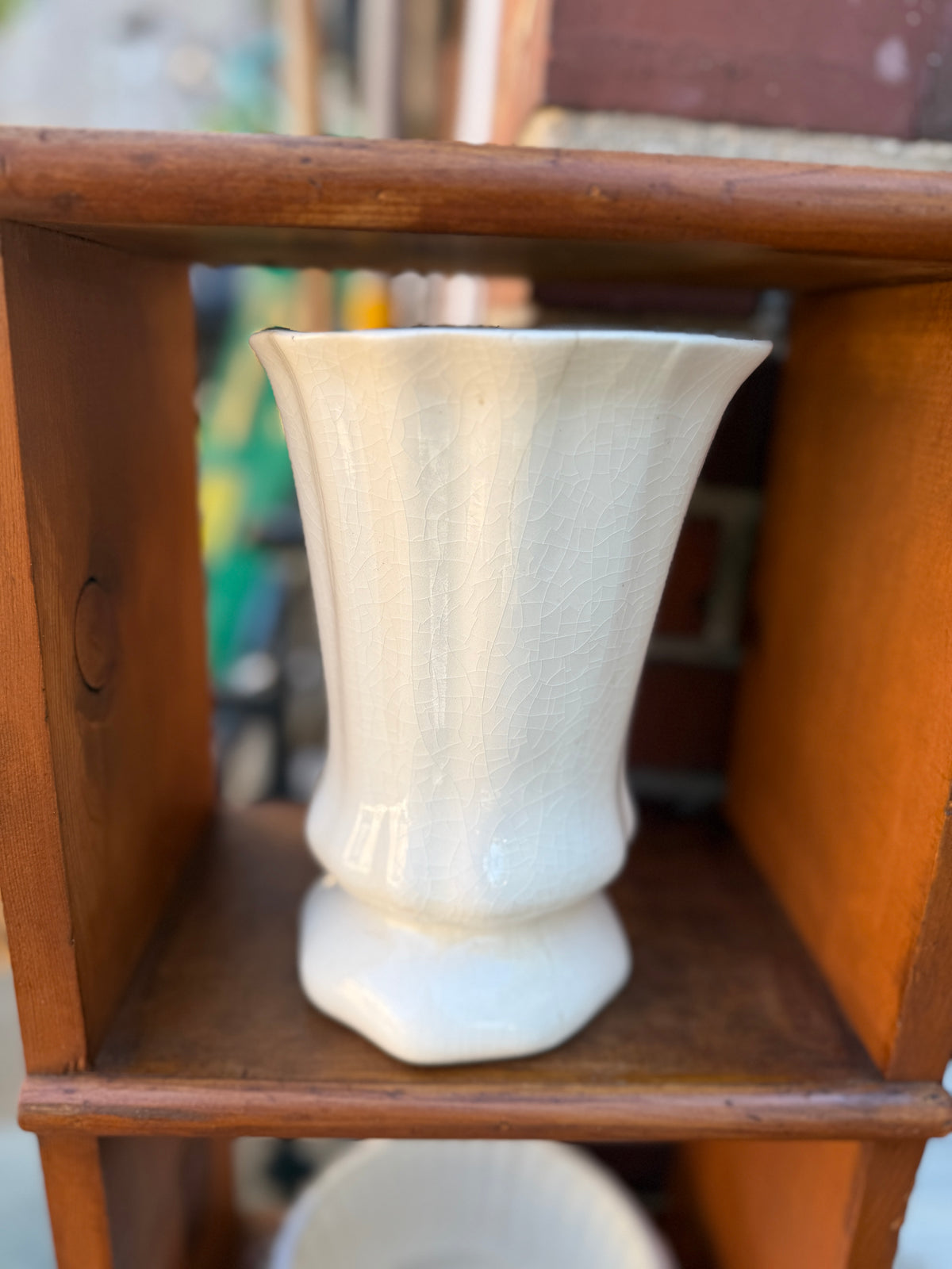 Antique Cream Crackle-Glaze Art Pottery Vase, Fluted Urn Form, c. 1930s–40s