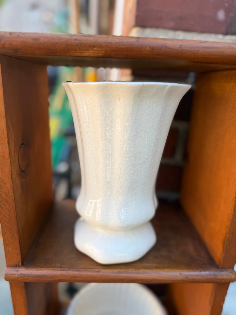 Antique Cream Crackle-Glaze Art Pottery Vase, Fluted Urn Form, c. 1930s–40s
