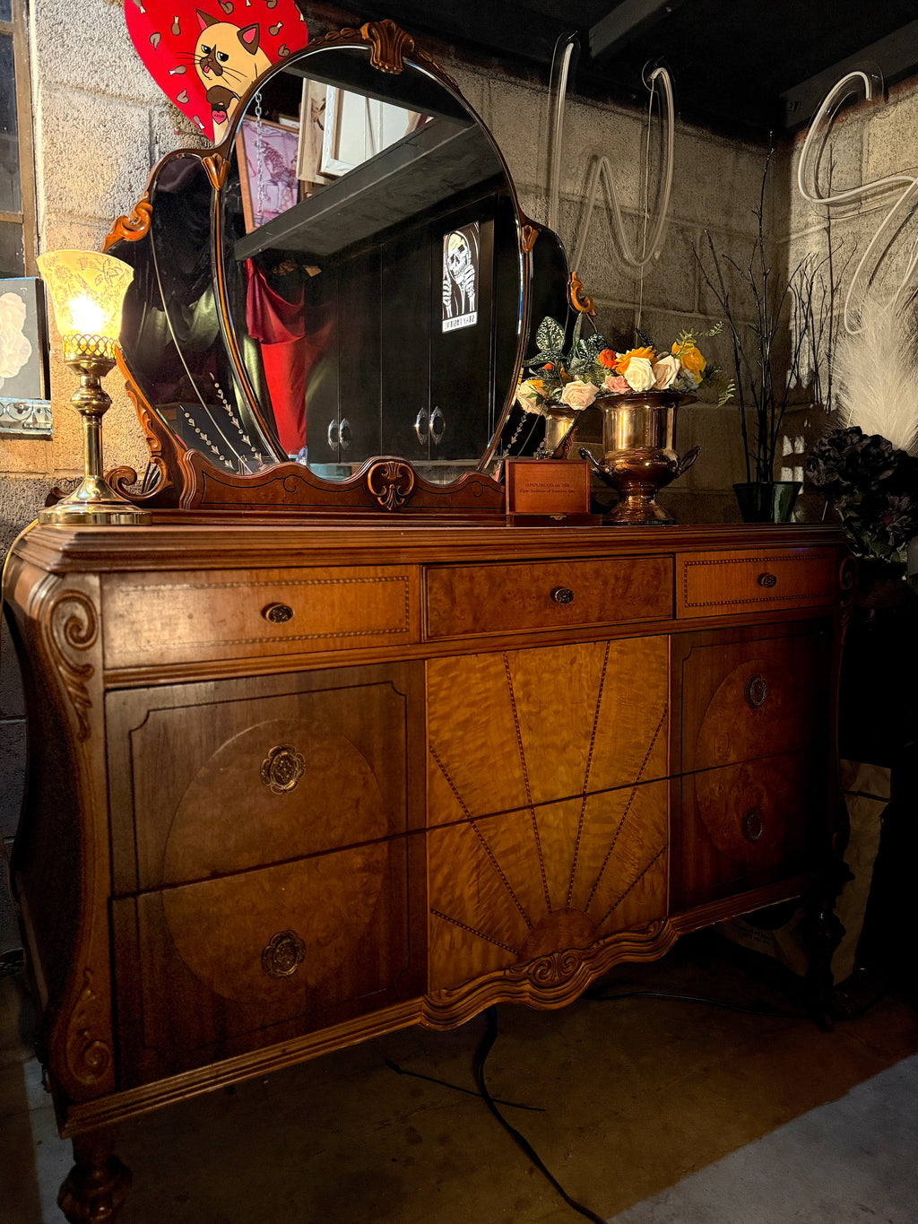 Johnson Furniture Co. Art Deco Waterfall Dresser Vanity with Triple Mirror (c. 1930s)