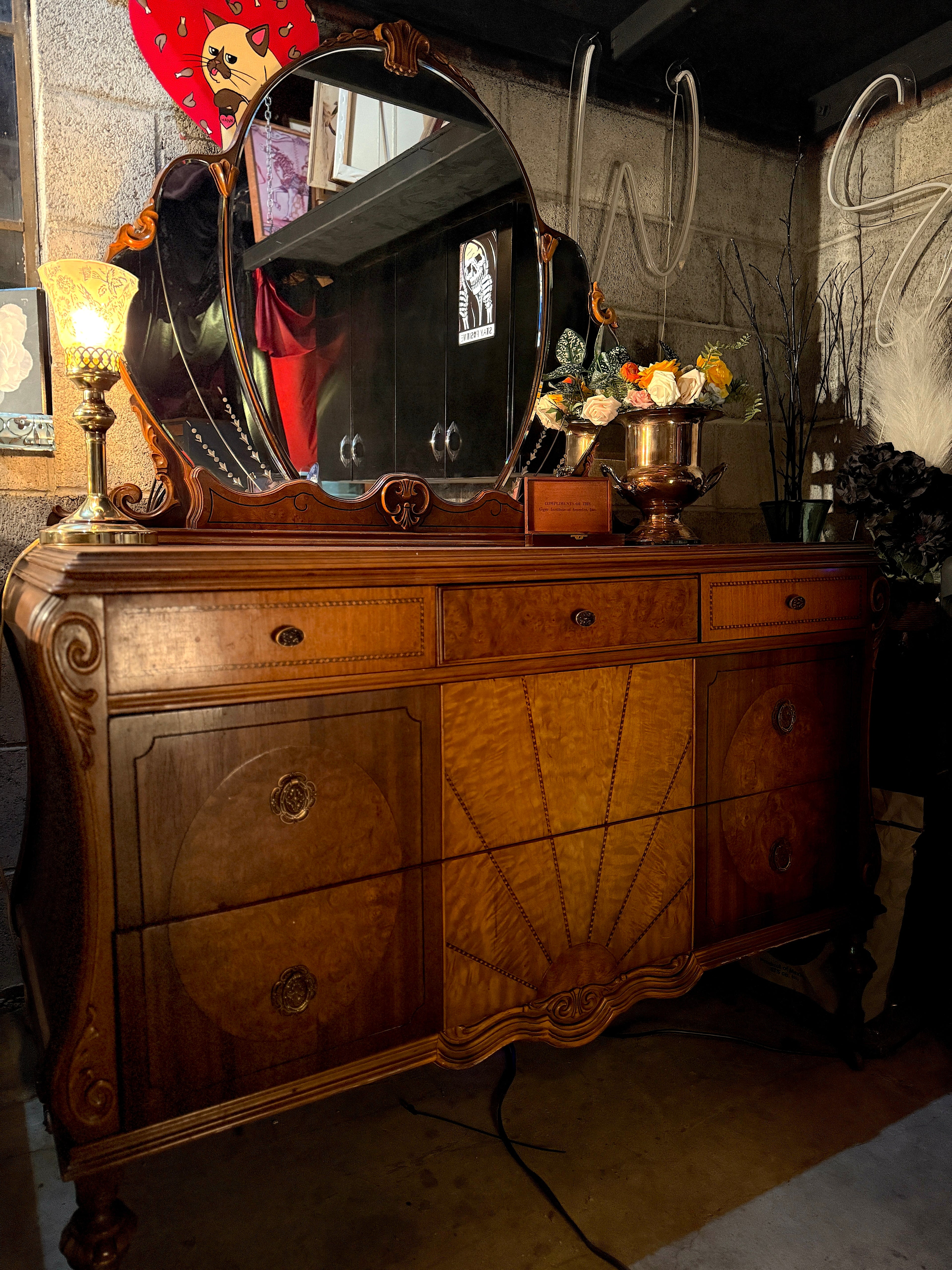 Johnson Furniture Co. Art Deco Waterfall Dresser Vanity with Triple Mirror (c. 1930s)
