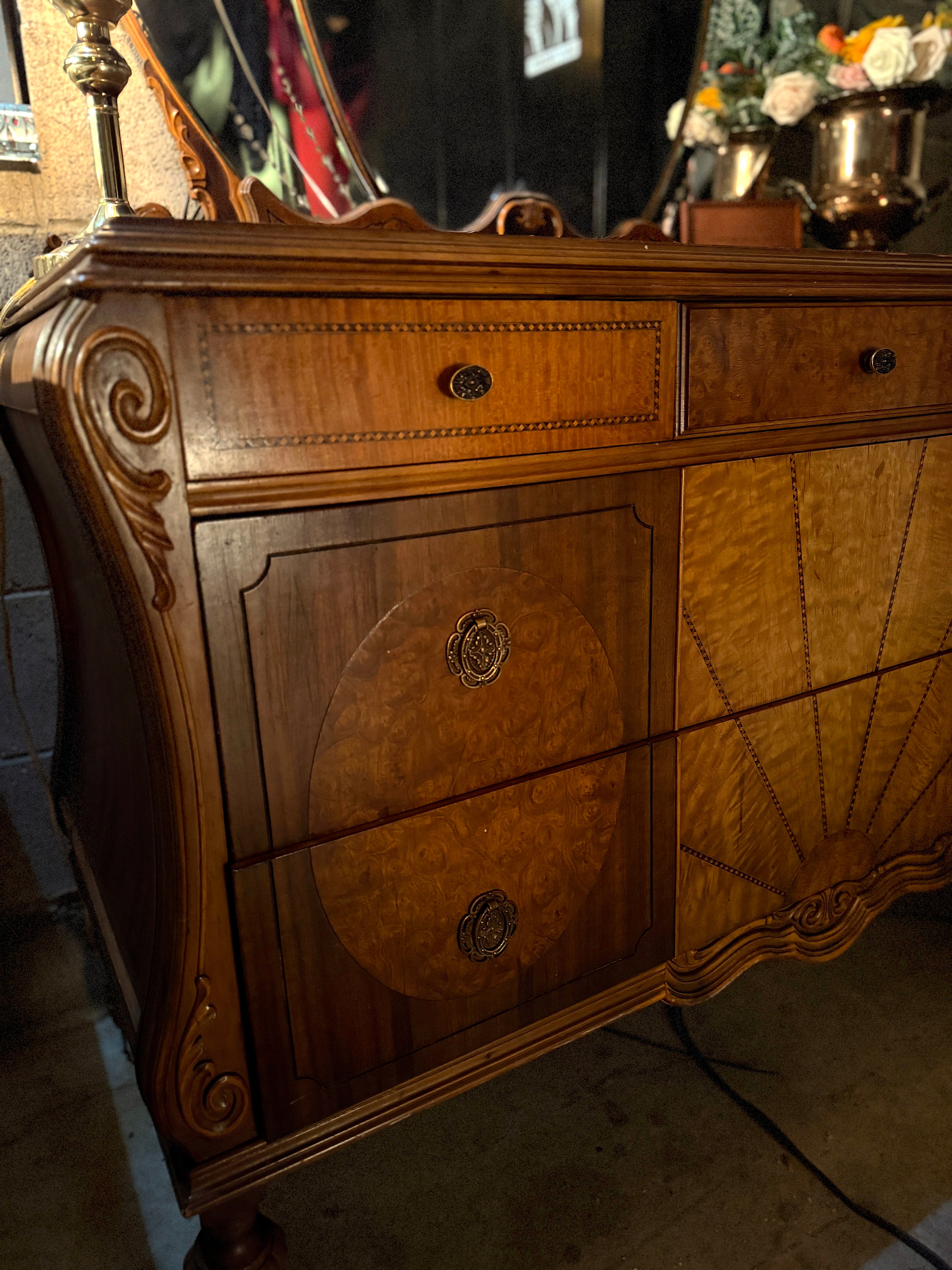 Johnson Furniture Co. Art Deco Waterfall Dresser Vanity with Triple Mirror (c. 1930s)